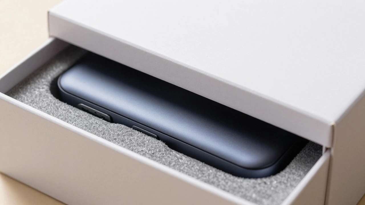 Close-up of a premium white box lid sliding open to reveal a device in a molded fiber tray.