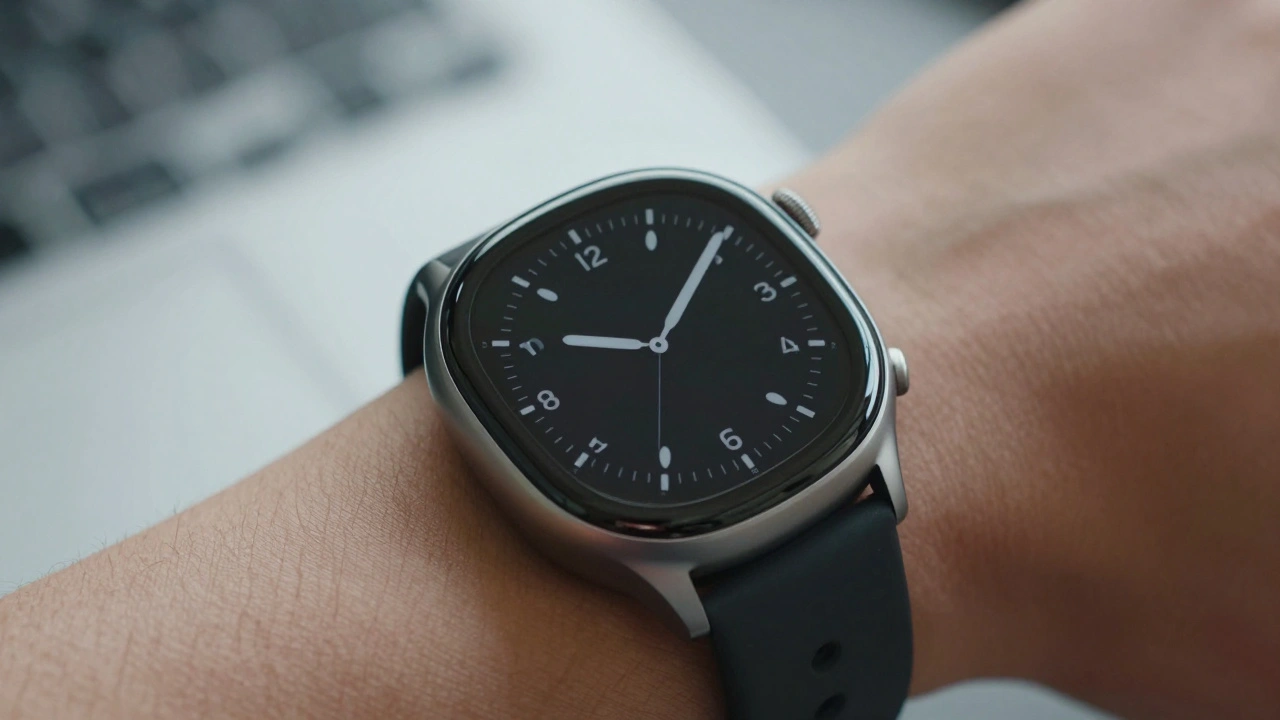 Close-up of a smartwatch wrist wearing a device with a low-power always-on display