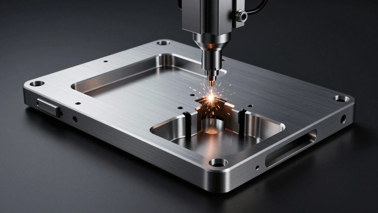 CNC machining process carving a premium laptop chassis from a solid block of titanium and aluminum.