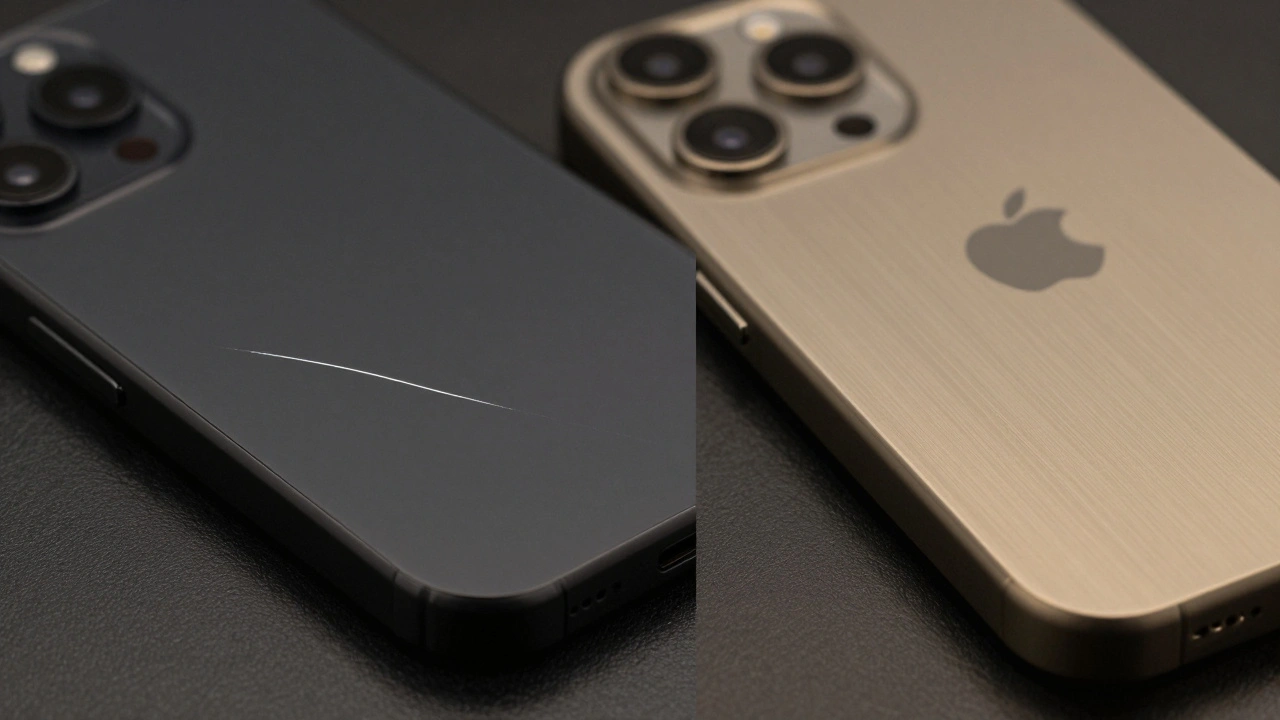 Comparison of a scratched black aluminum phone frame and a pristine brushed titanium frame