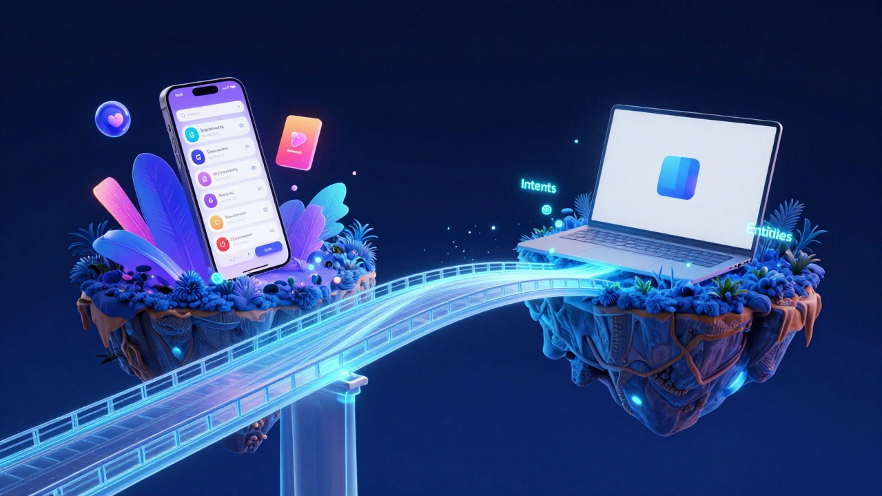 Conceptual 3D bridge connecting a branded app environment to a system interface with glowing data streams.