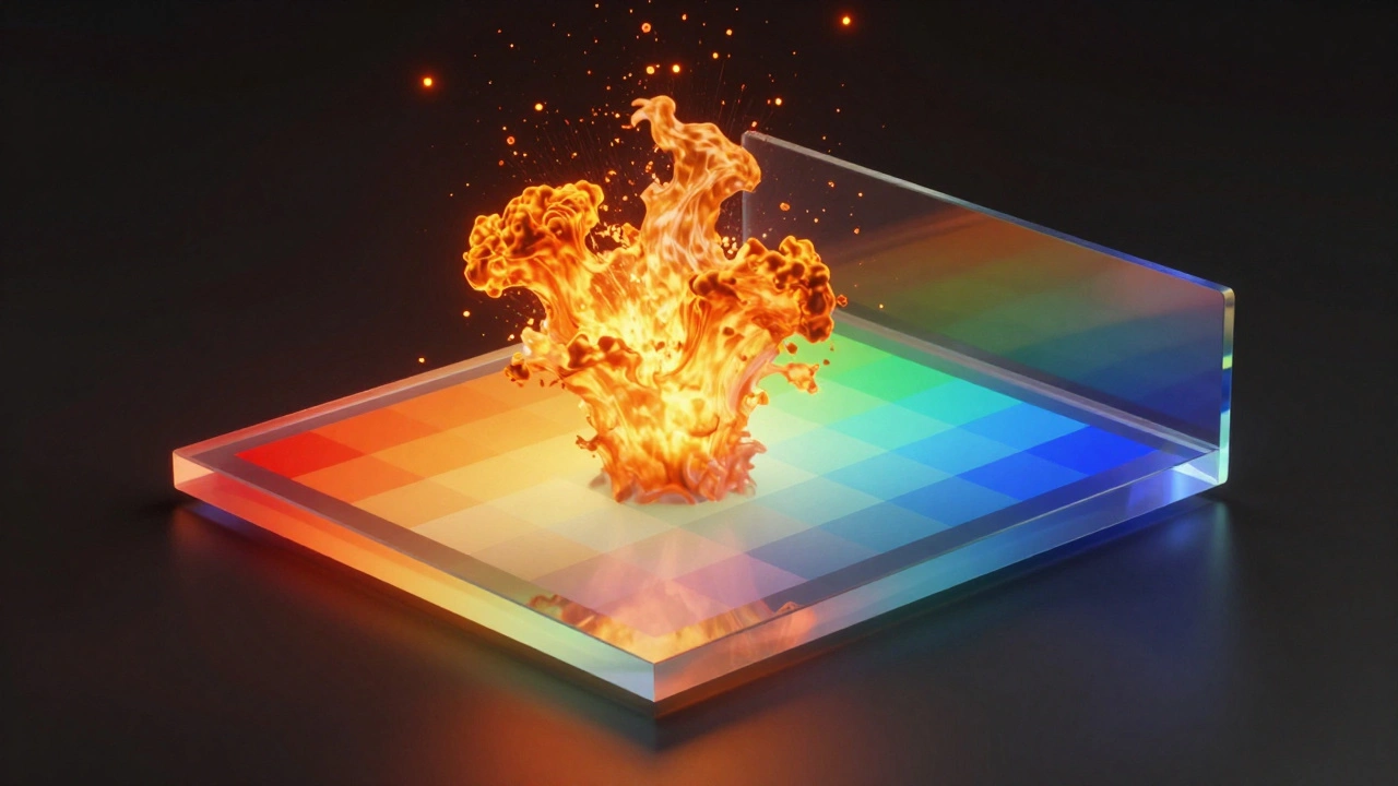 Conceptual art showing light from an explosion refracting through a glass slab into HSV color channels.