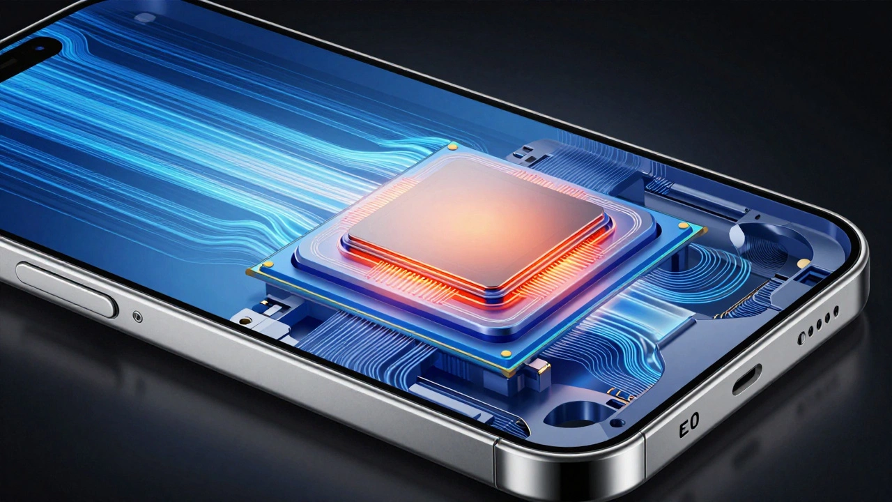 Cutaway view of vapor chamber cooling system in premium phone