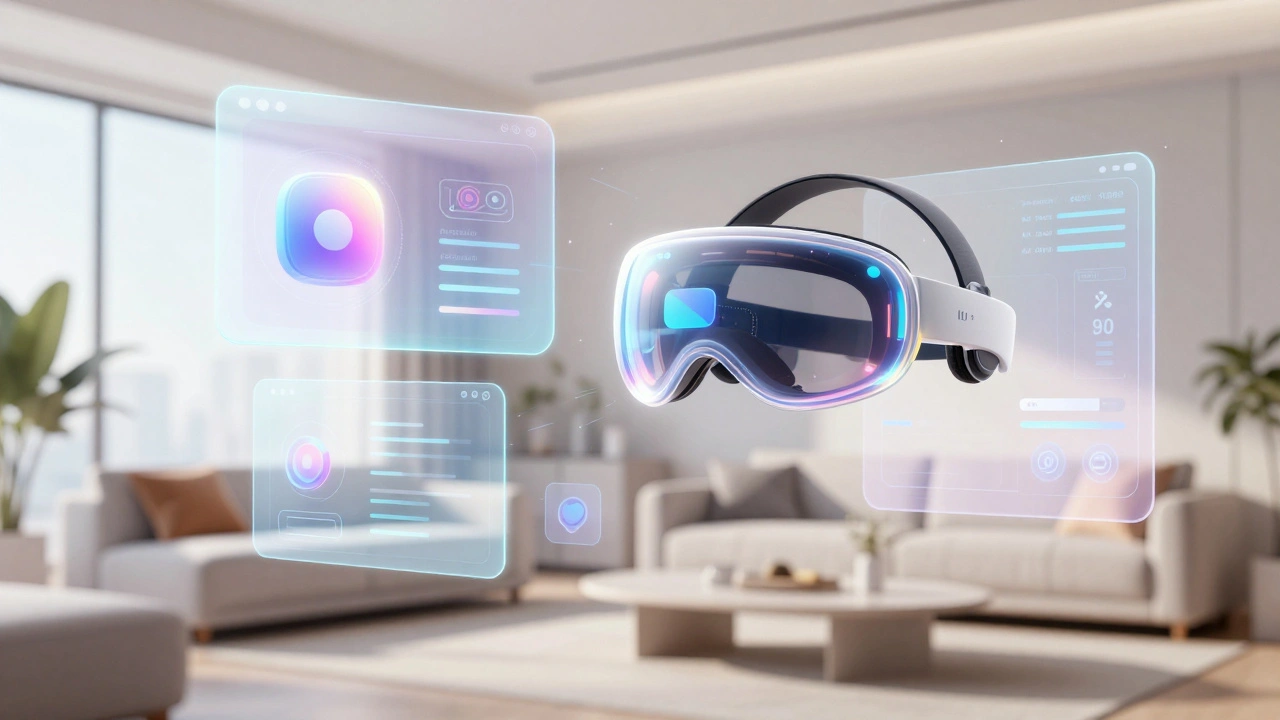 Holographic 3D interface floating in a modern room, representing the shift to spatial computing.