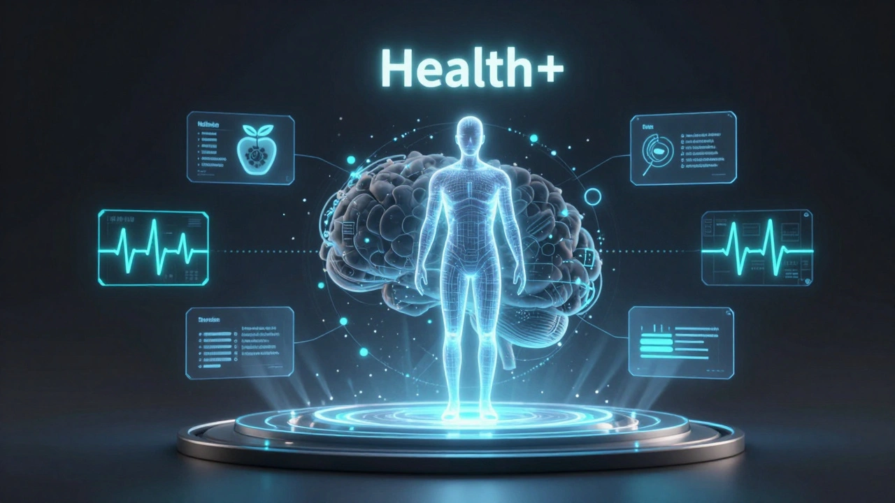Holographic representation of integrated health data including sleep and nutrition metrics.