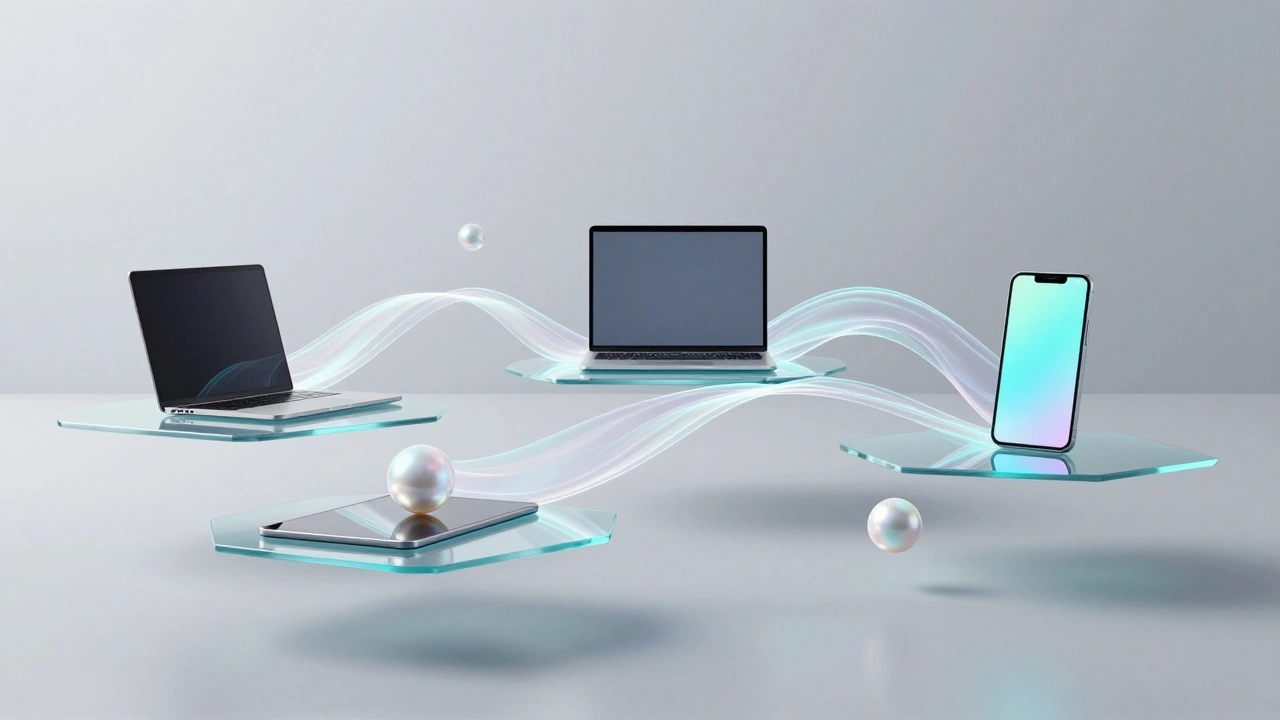 Interconnected floating devices linked by flowing ribbons of light.