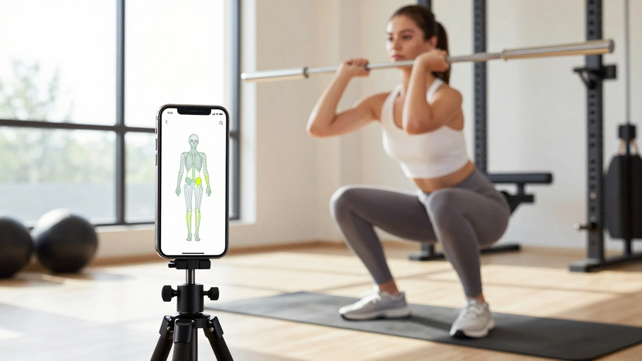 iPhone providing real-time AI form correction for a person doing squats in a gym.