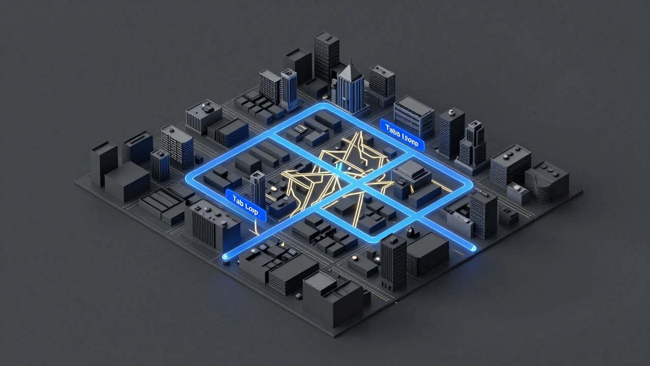 Isometric 3D map visualizing software navigation as a city with blue and gold paths