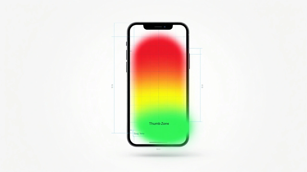 Isometric iPhone screen with a colorful heatmap showing ergonomic thumb reach zones and grid lines