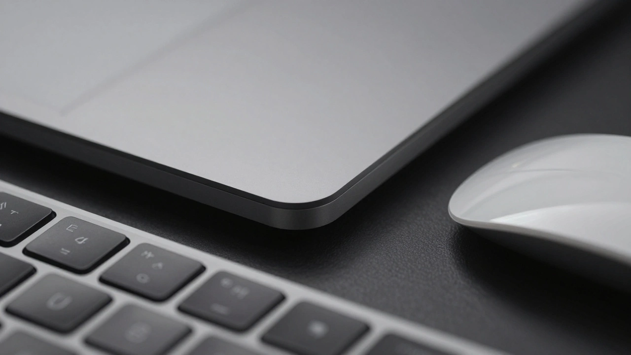 Macro detail of a MacBook edge next to a Magic Mouse and Keyboard highlighting metal textures.