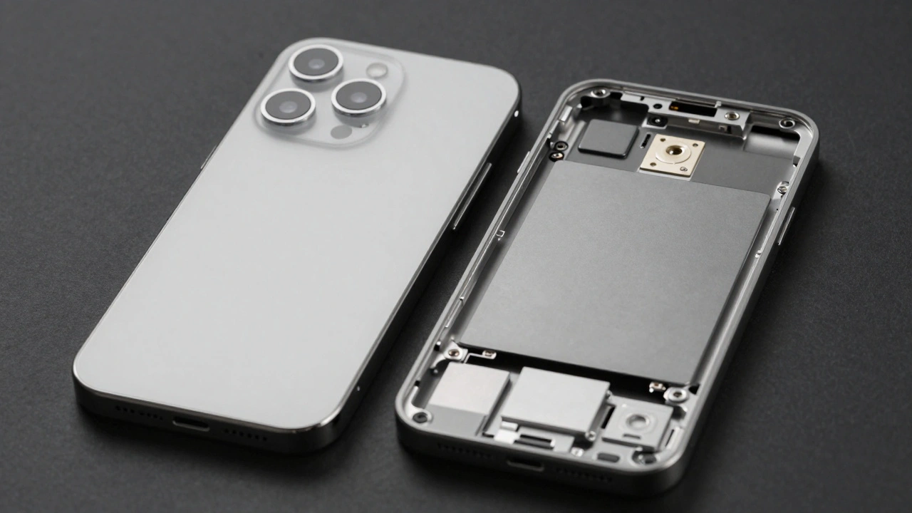 Macro view of a disassembled iPhone showing the precision unibody internal engineering