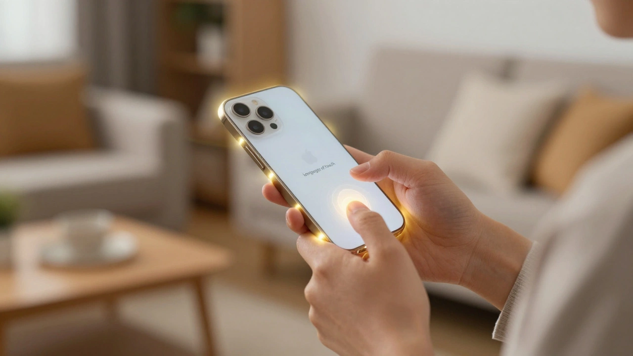 Person with visual impairment using a phone with golden light pulses symbolizing tactile communication.