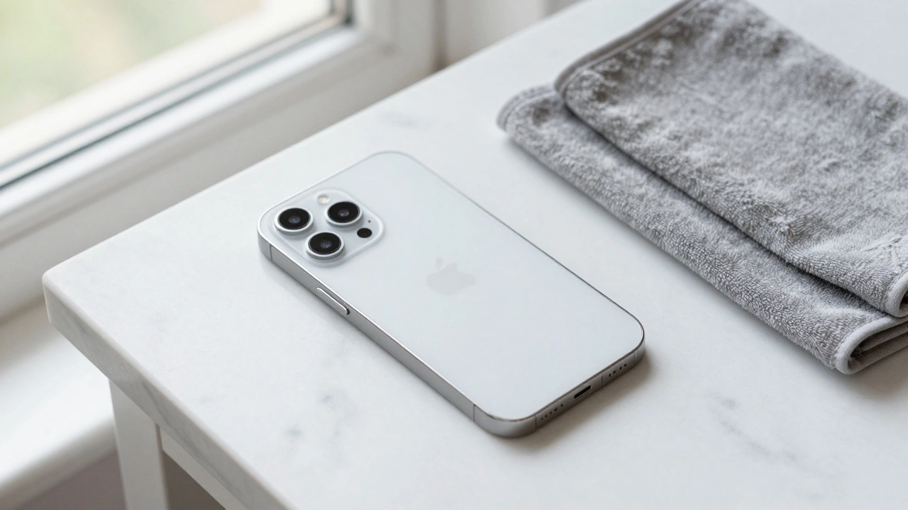 Silver smartphone on a marble surface next to a microfiber cleaning cloth in natural light