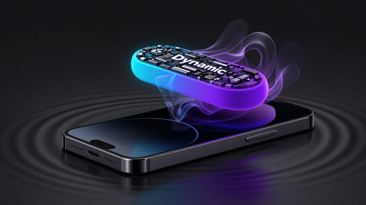 Stylized view of the Dynamic Island morphing with ripple effects for haptics.