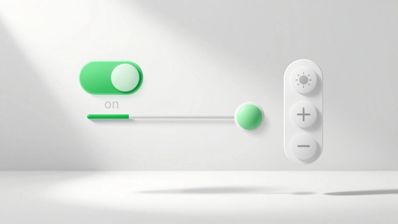 3D render of iOS toggle switch, slider, and stepper controls in isolation.