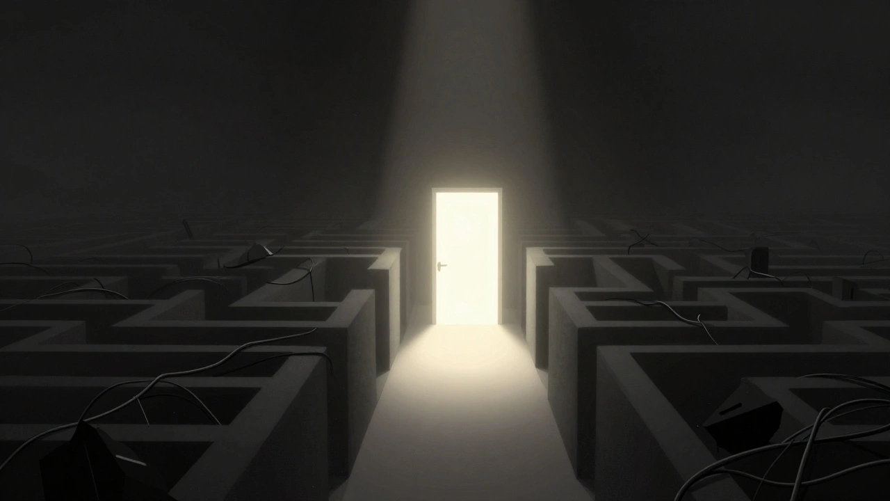 A single clear path through a dark, cluttered maze representing design discipline