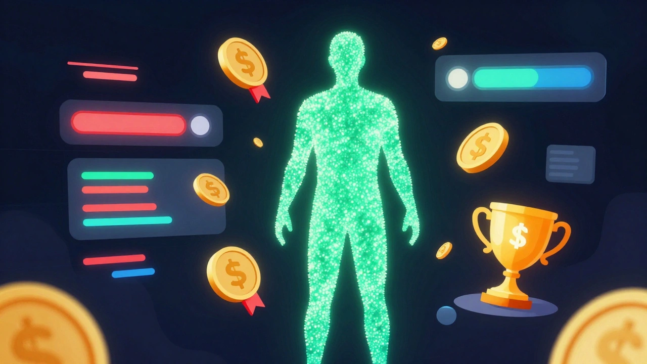 Abstract digital art of health metrics turning into rewards and badges