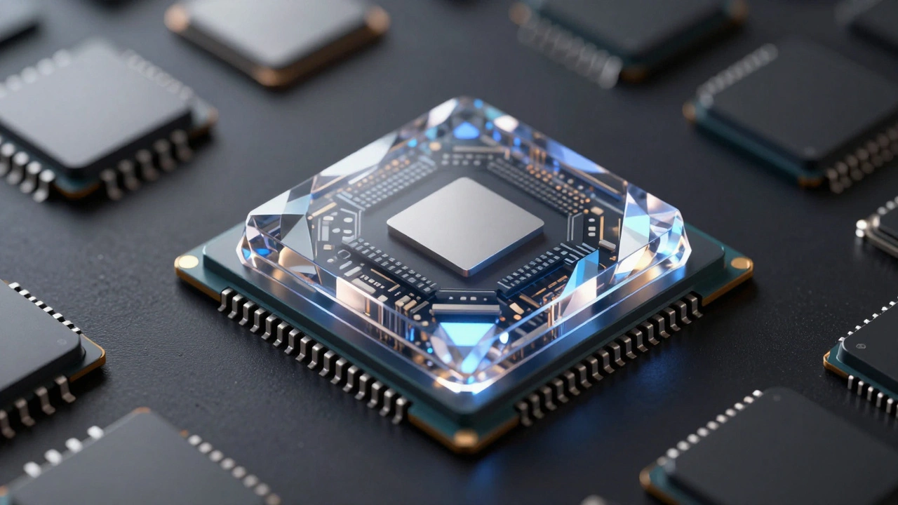 Abstract visualization of an integrated Apple Silicon chip with glowing components