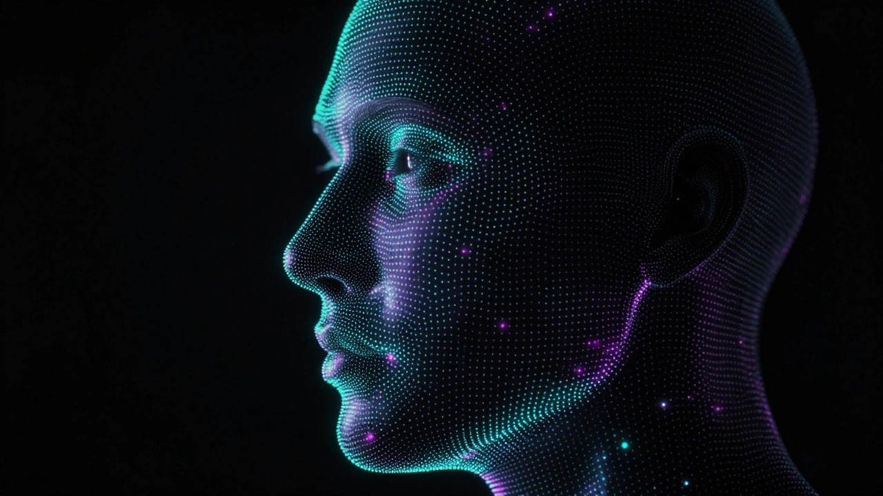 Abstract visualization of infrared dot projection mapping a face for biometric identification.