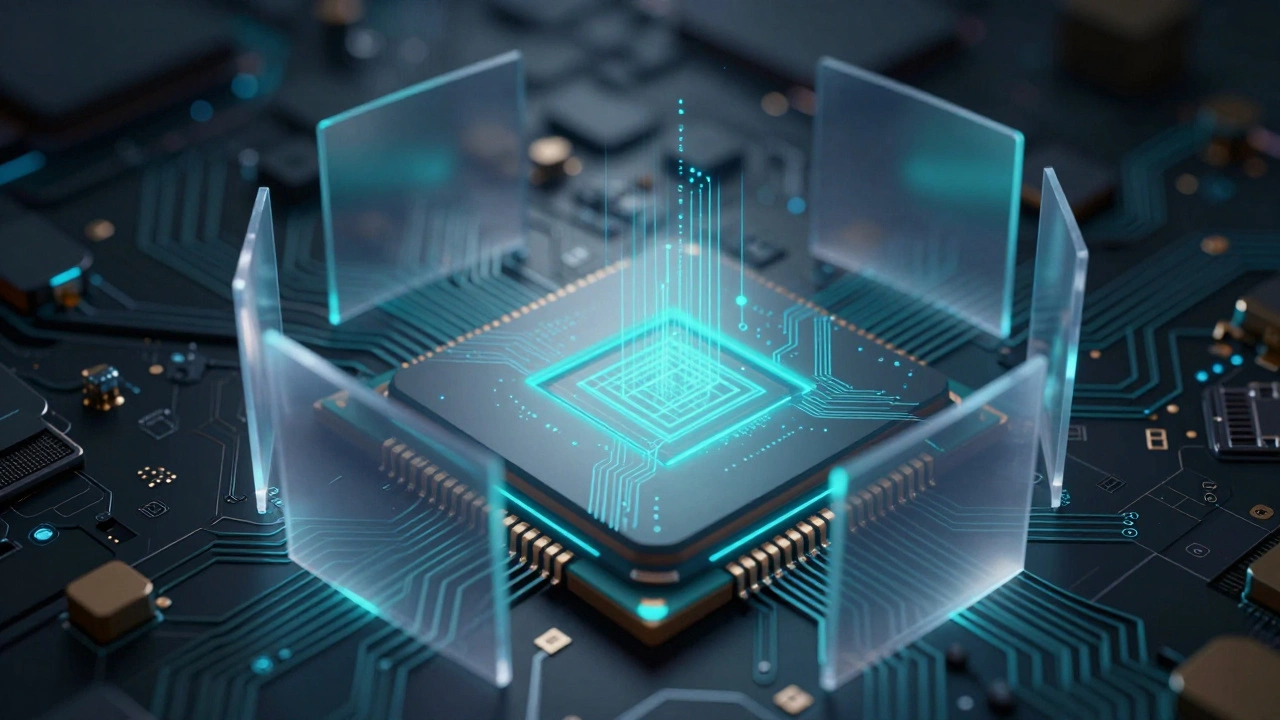 Apple chip with privacy shields, symbolizing local data processing and security.