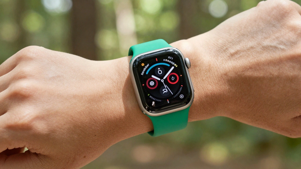 Apple Watch with green sport band and modular face for casual active wear