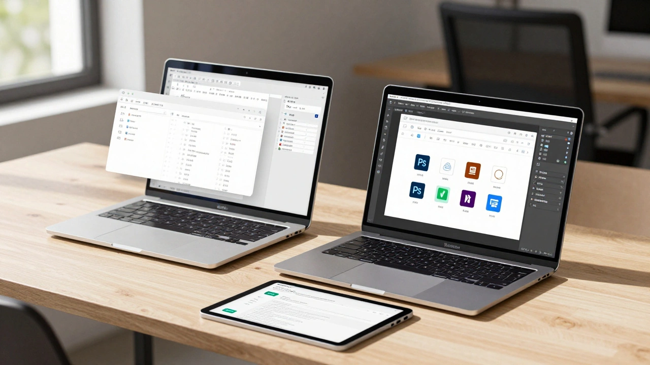 Clean workspace with MacBook and iPad displaying design workflows and resources.