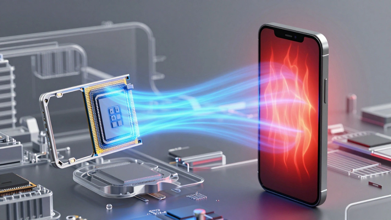 Concept art showing aluminum dissipating heat better than titanium in a phone frame.