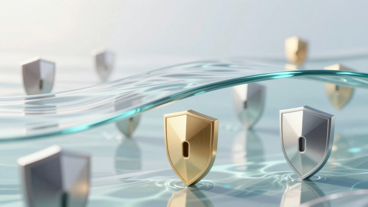 Conceptual art showing seamless digital flow protected by hidden foundational security layers.