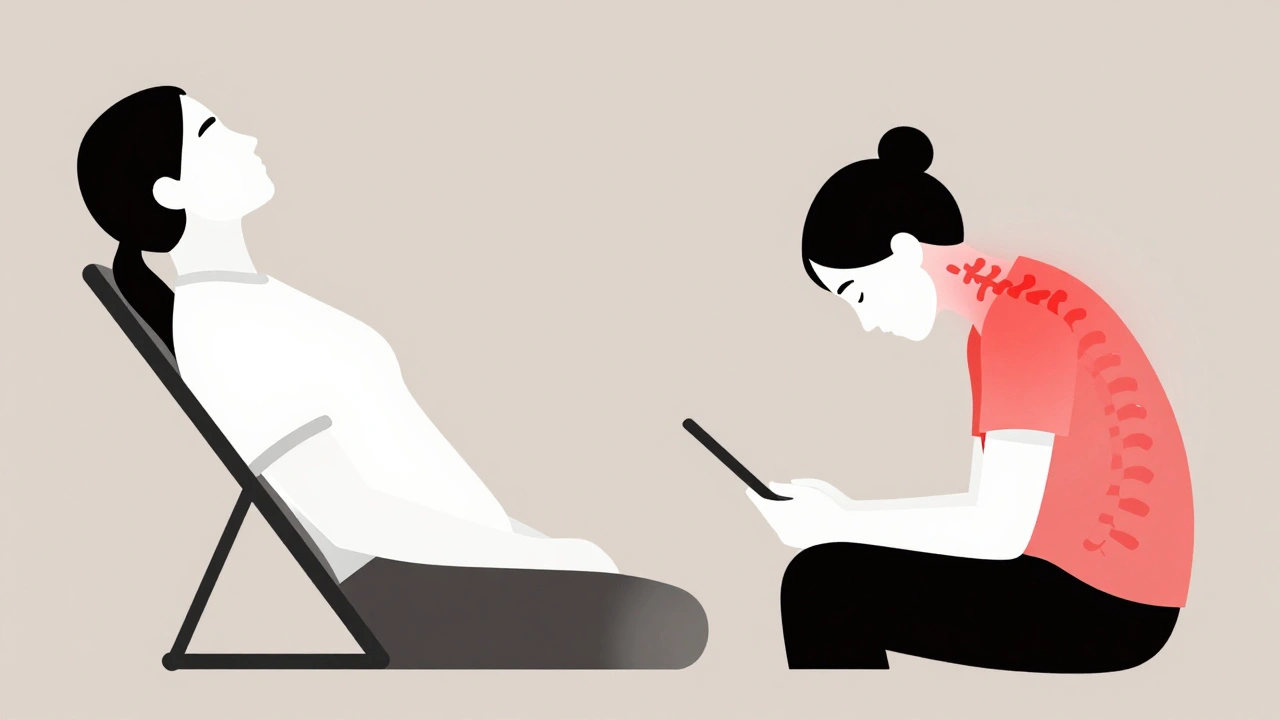 Diagram comparing reclined ergonomic posture versus hunched-over laptop posture.
