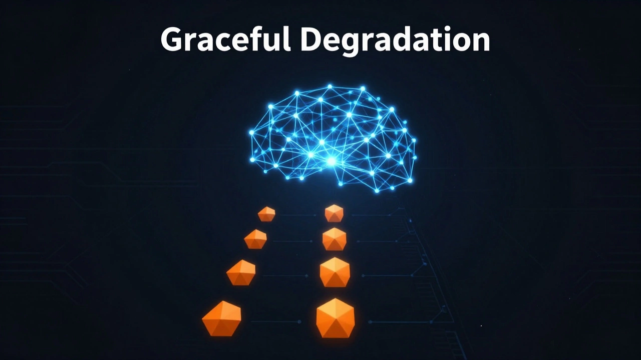 Digital art illustrating graceful degradation with layered tech structures transitioning from complex to simple