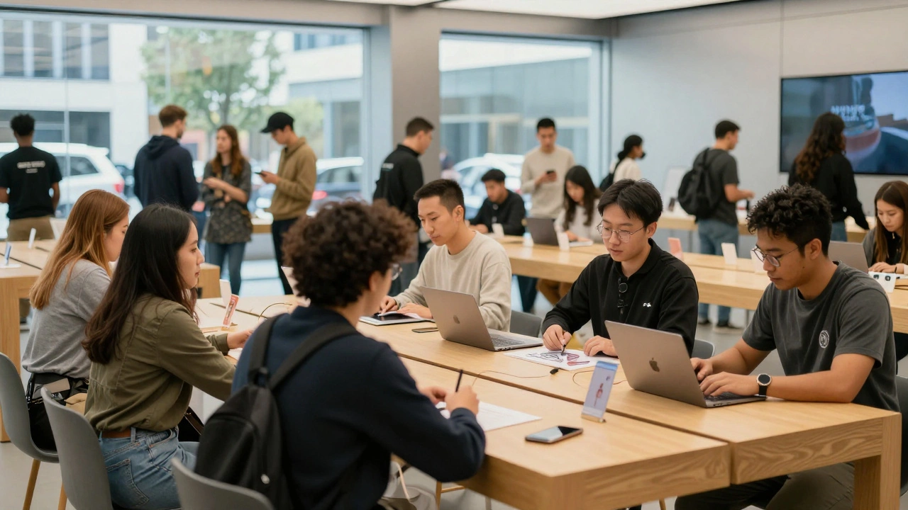 Diverse group collaborating in a bright Apple Store, blending global design with local culture.