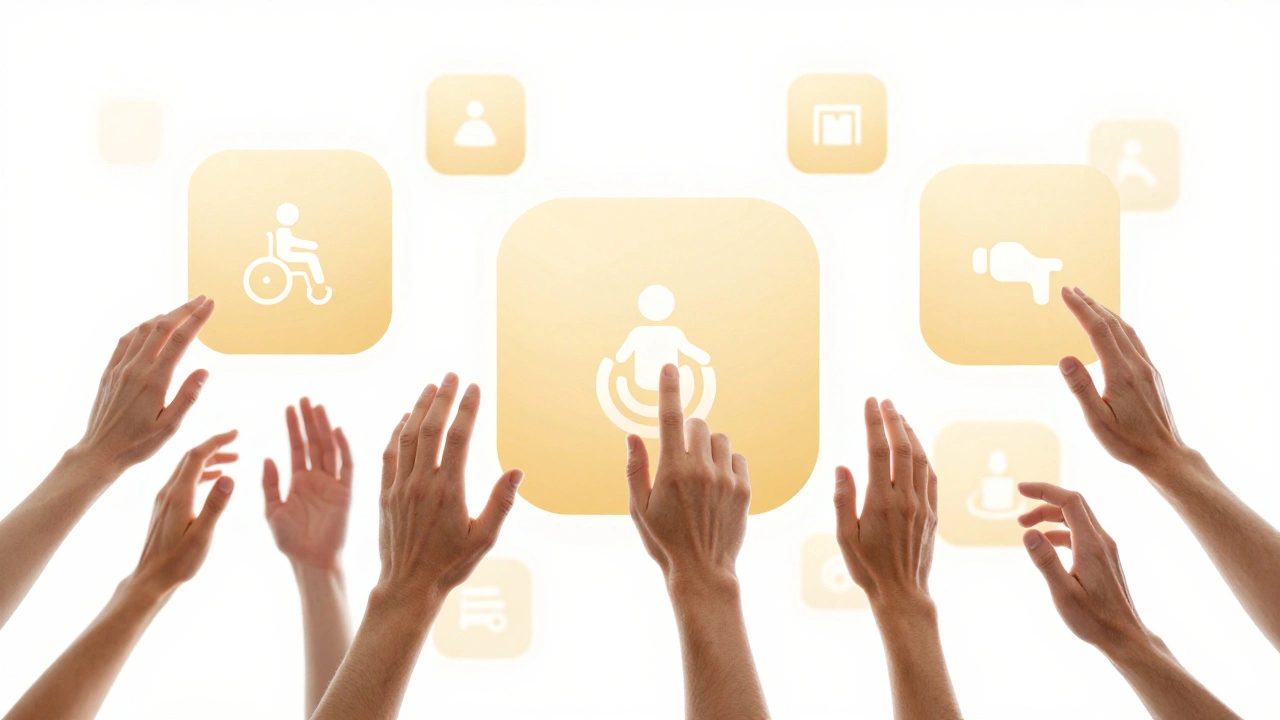 Diverse hands interacting with large, accessible touch targets in a clean, abstract space.