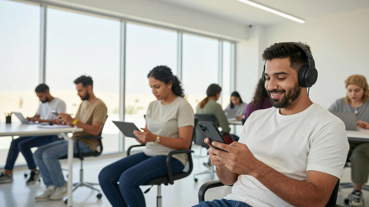 Diverse users testing accessible apps with assistive tech in UAE office