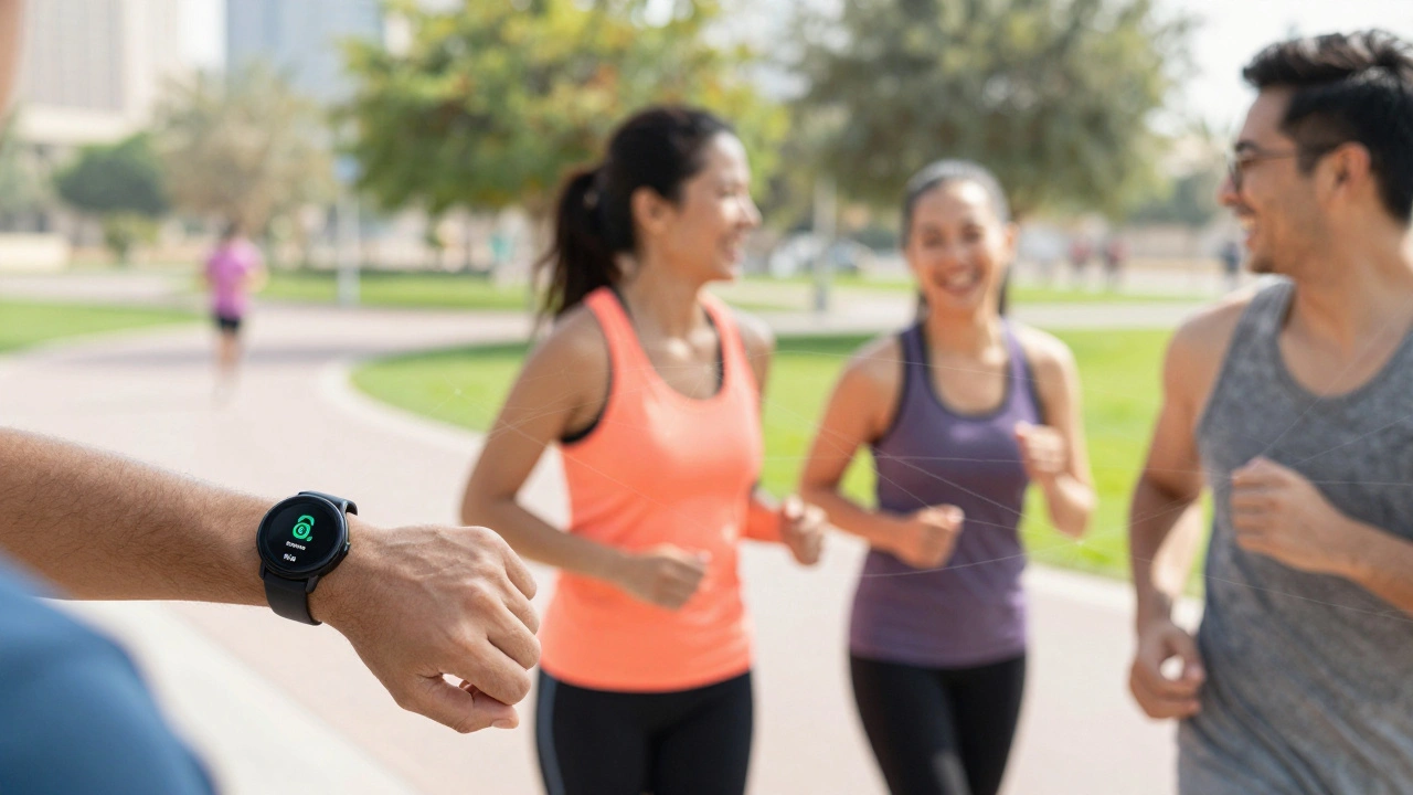 Friends jogging outdoors connected by subtle network lines for social fitness