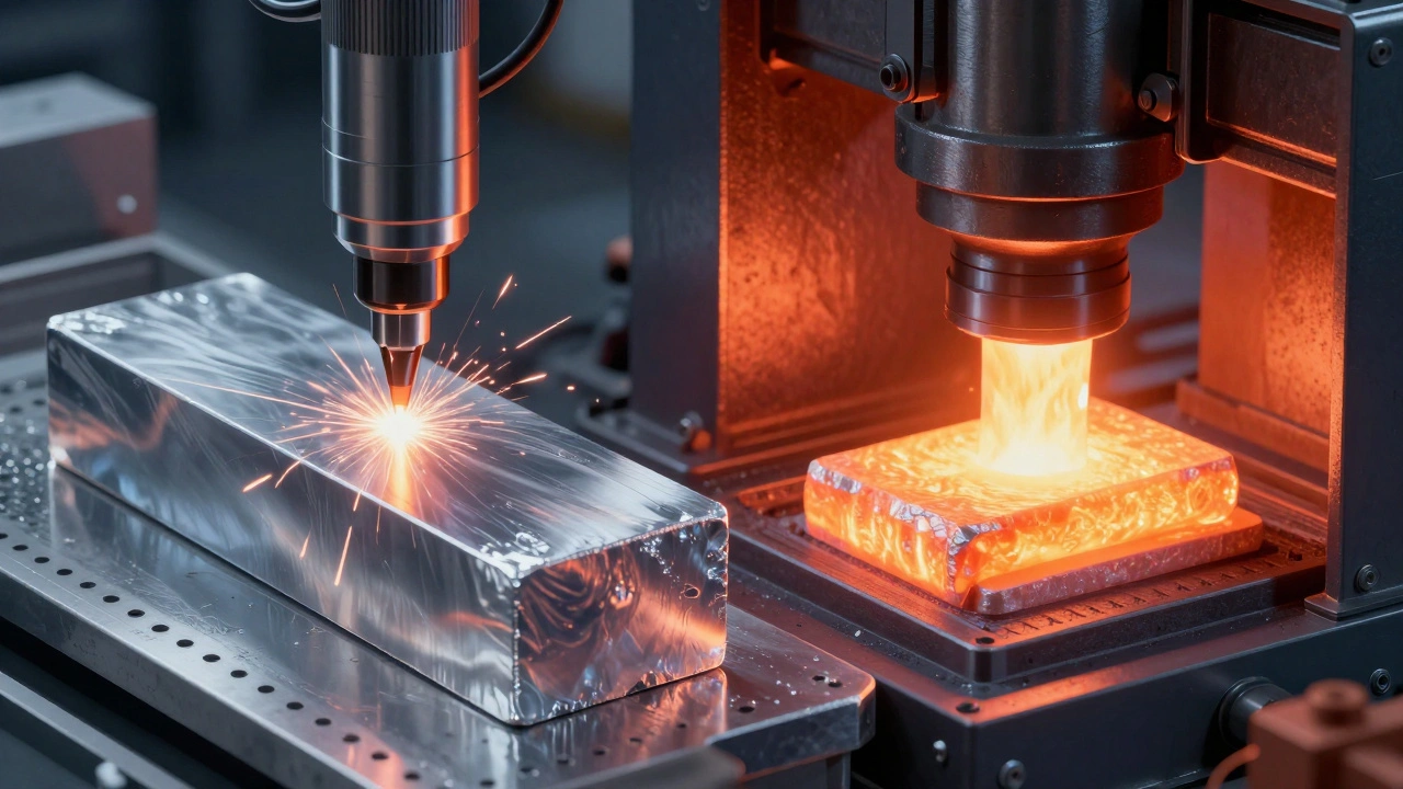 Illustration contrasting CNC machining and heat forging processes for aluminum frames.