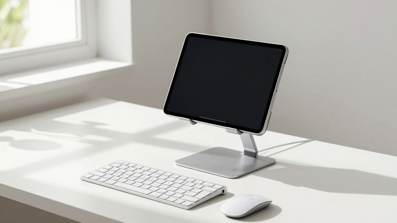 iPad on an adjustable desk stand with keyboard and mouse for ergonomic use.