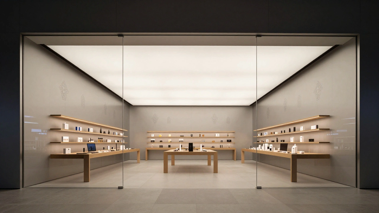 Minimalist retail space blending modern tech with subtle geometric art.