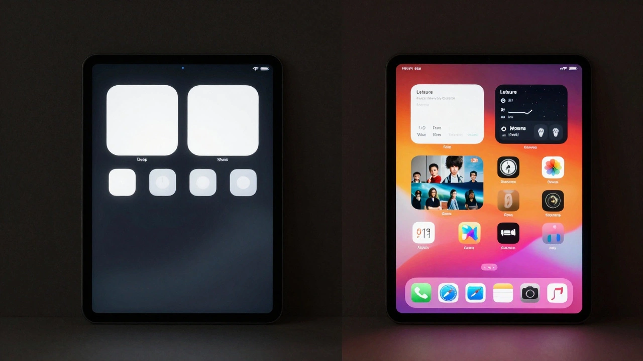 Split view comparing minimalist work mode and colorful leisure mode