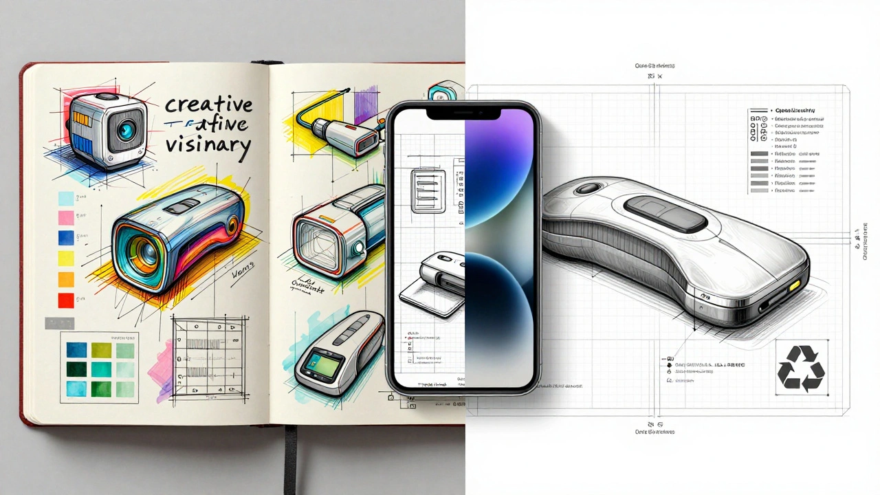 Split view contrasting creative sketches with technical blueprints