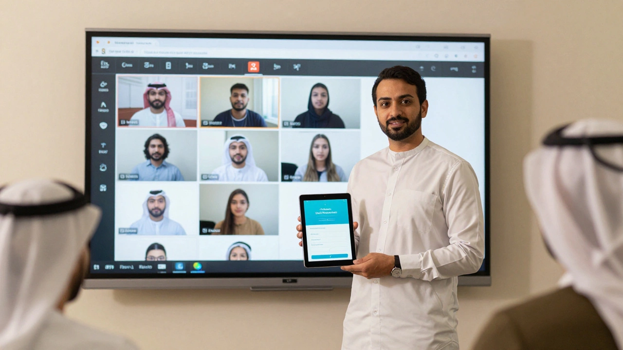 Teacher monitoring student screens via a classroom management app on iPad.