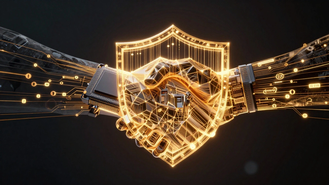 Abstract glowing golden threads forming a shield between device chips, symbolizing security