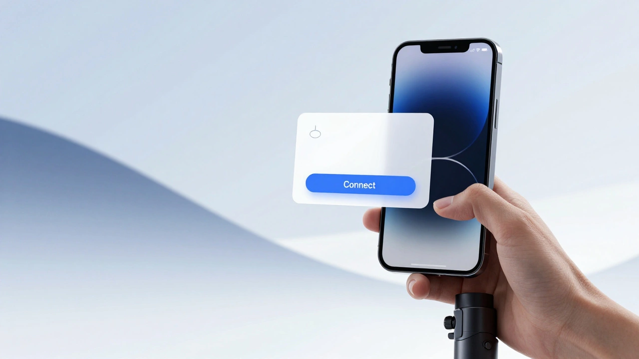 Smartphone pairing with gimbal via simple AR connect prompt, minimal UI design
