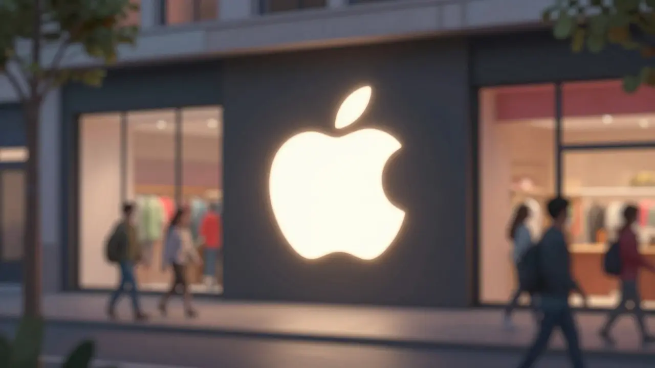 A glowing apple symbol stands out sharply against a blurred street