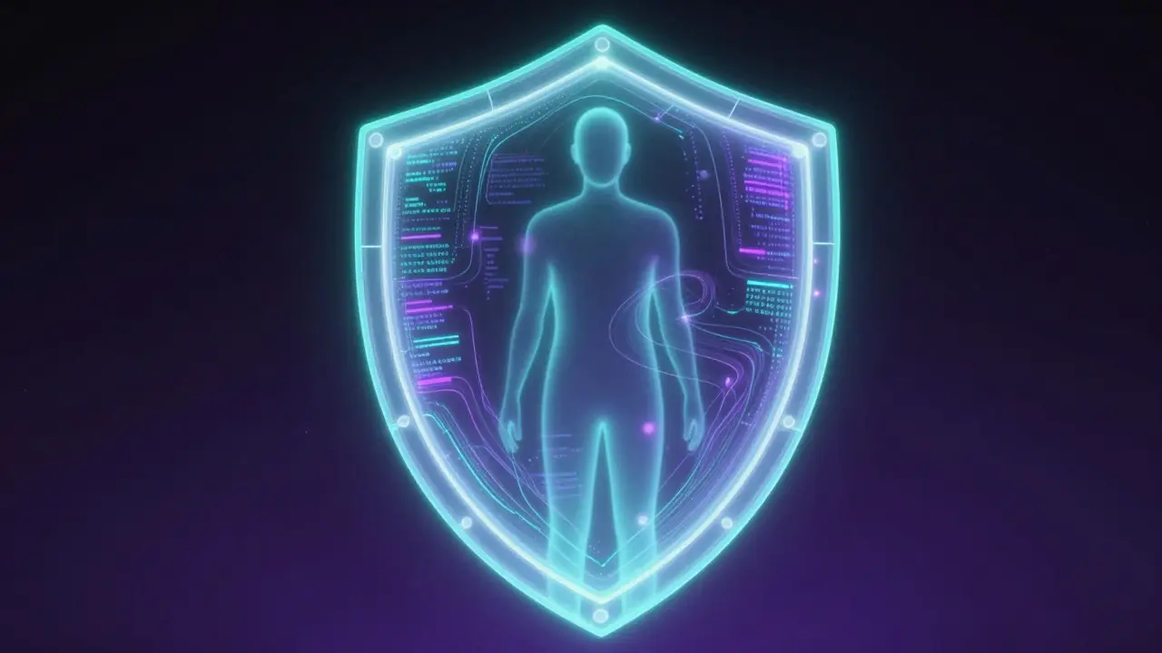 A glowing digital shield protecting a human silhouette, representing privacy and secure data processing.