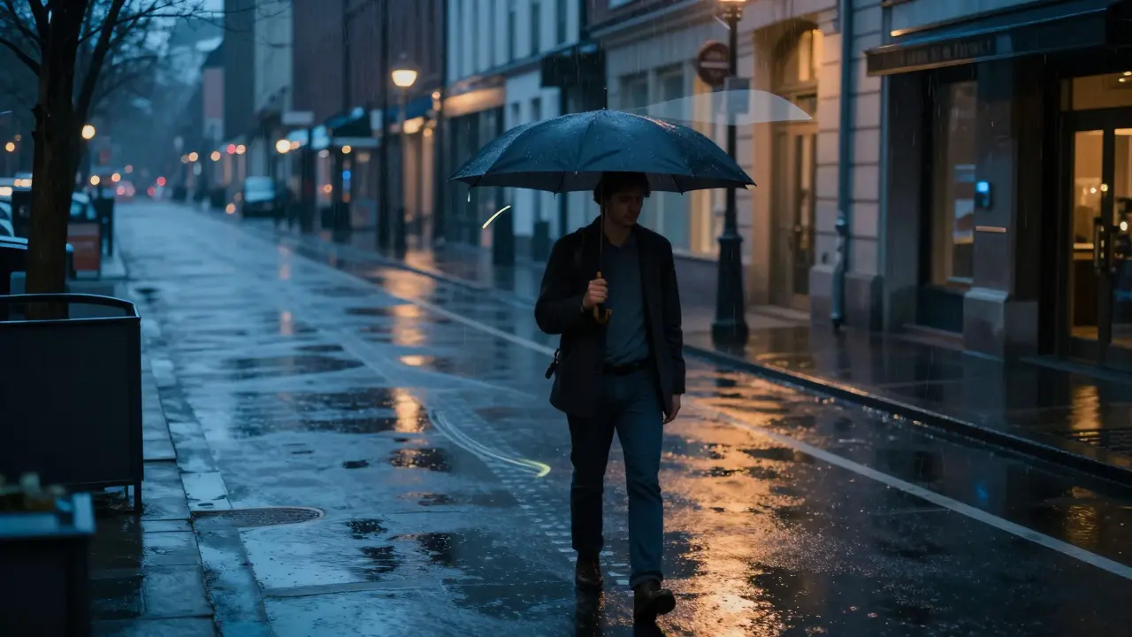 A person walking in the rain with subtle contextual highlights, illustrating ambient AI