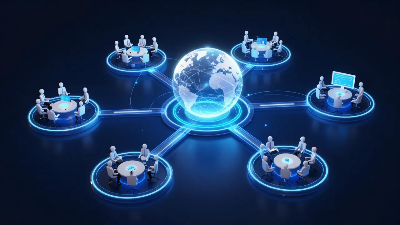 Abstract 3D visualization of a central hub connected to specialized spokes representing team functions