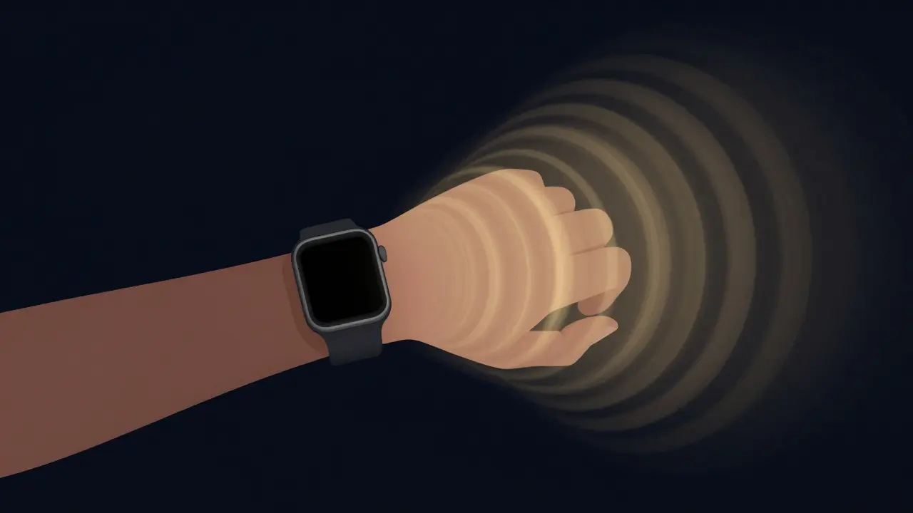 Abstract art showing golden haptic ripples around a dark smartwatch on an arm.