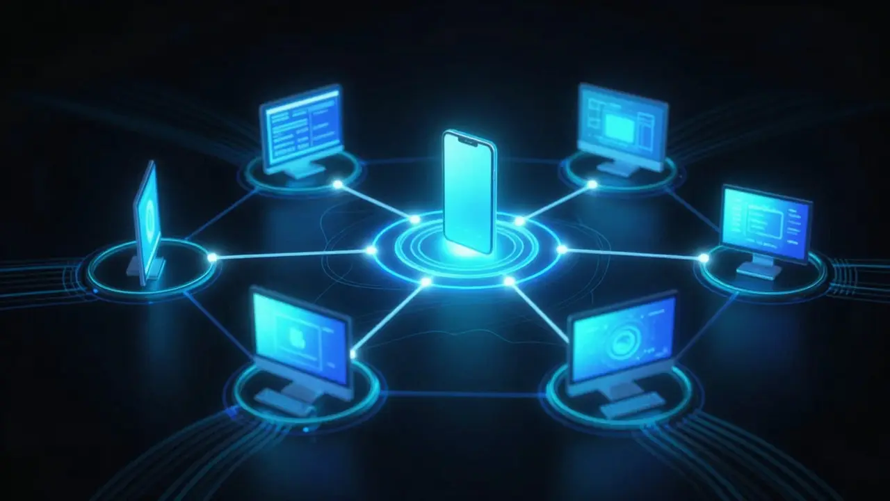 Abstract digital art showing a glowing network of connected device nodes