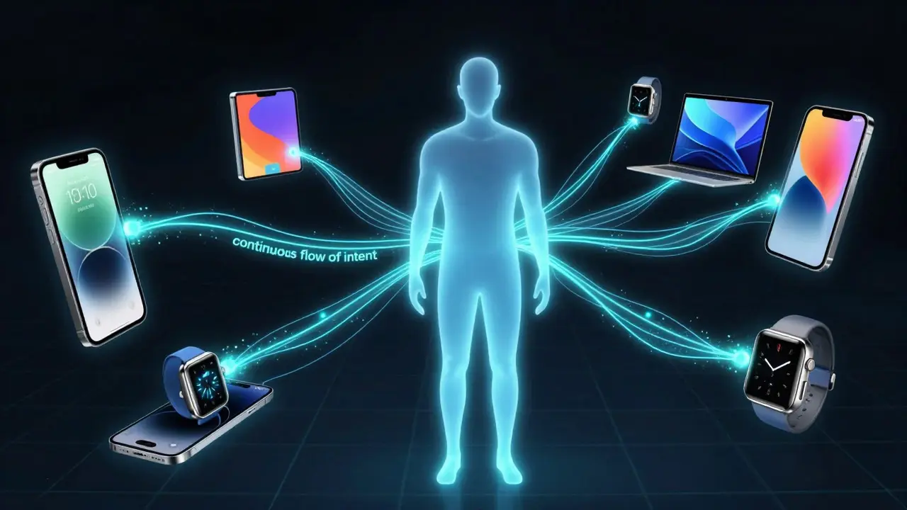 Abstract digital art showing glowing data streams connecting a human silhouette to various Apple devices