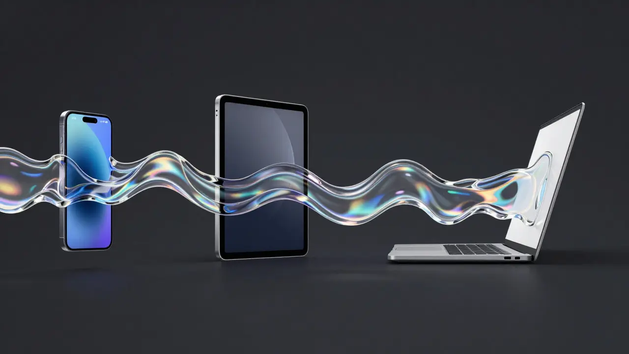 Abstract flow of luminous glass connecting smartphone, tablet, and laptop